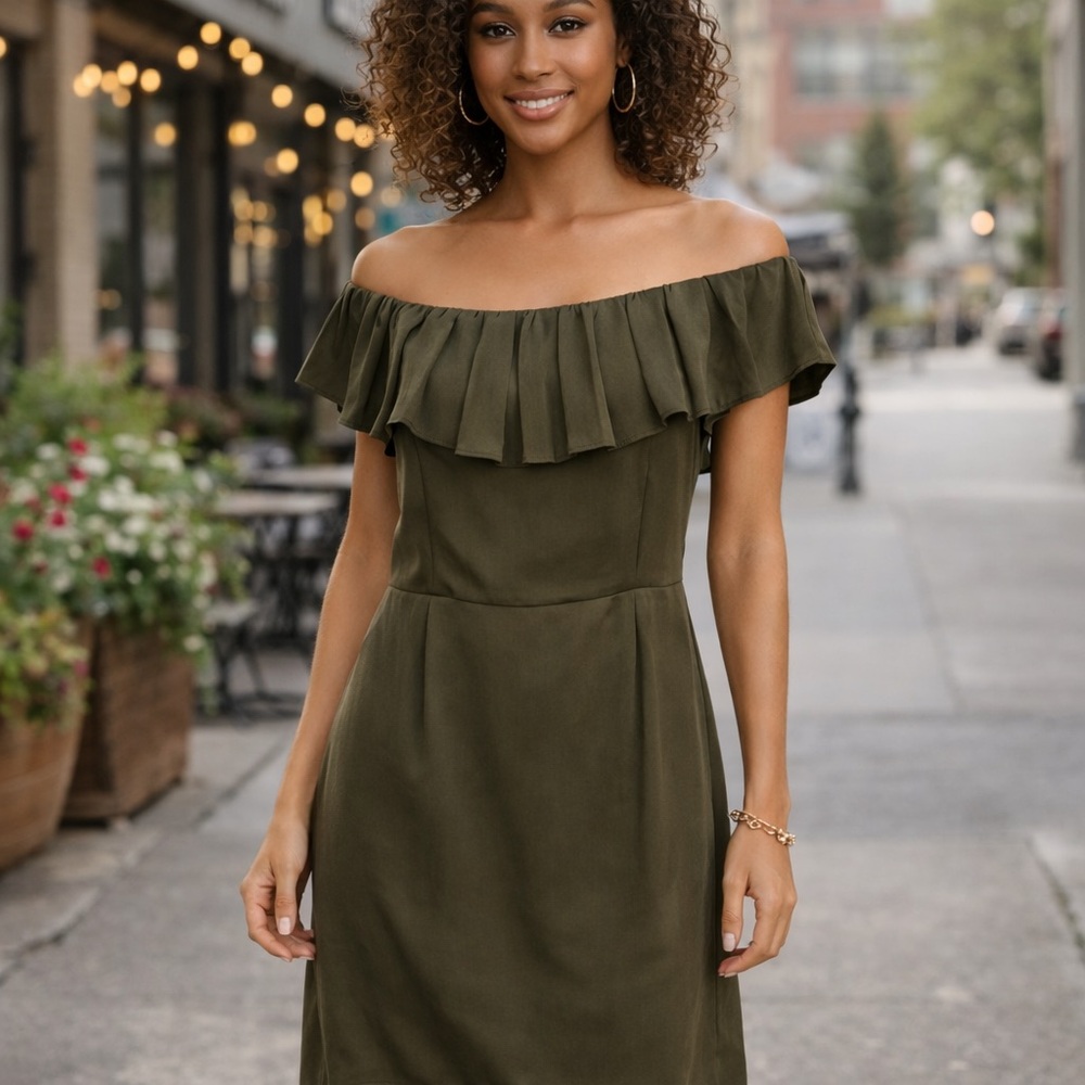 Banana Republic Silk Off Shoulder Ruffle Dress Charcoal Grey Small